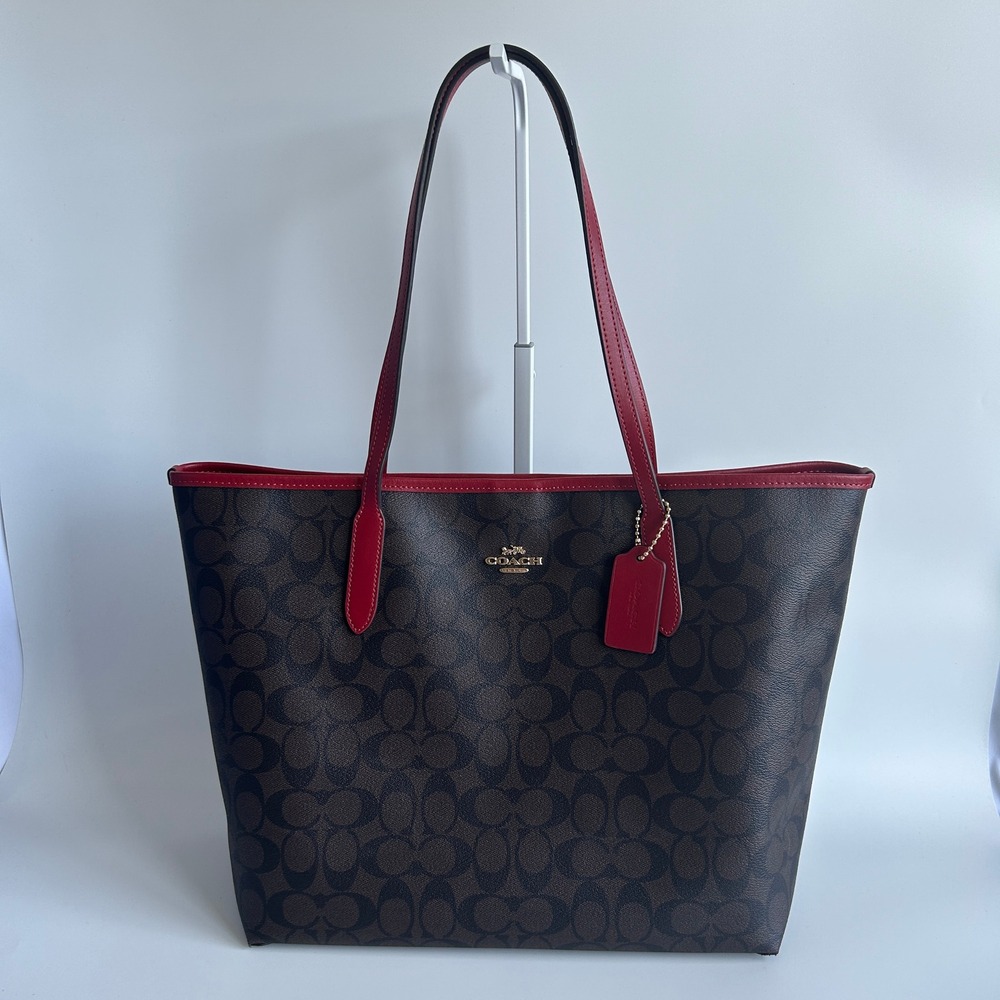 Coach City Tote Brown Red Signature Coated Canvas Shoulder Bag Good